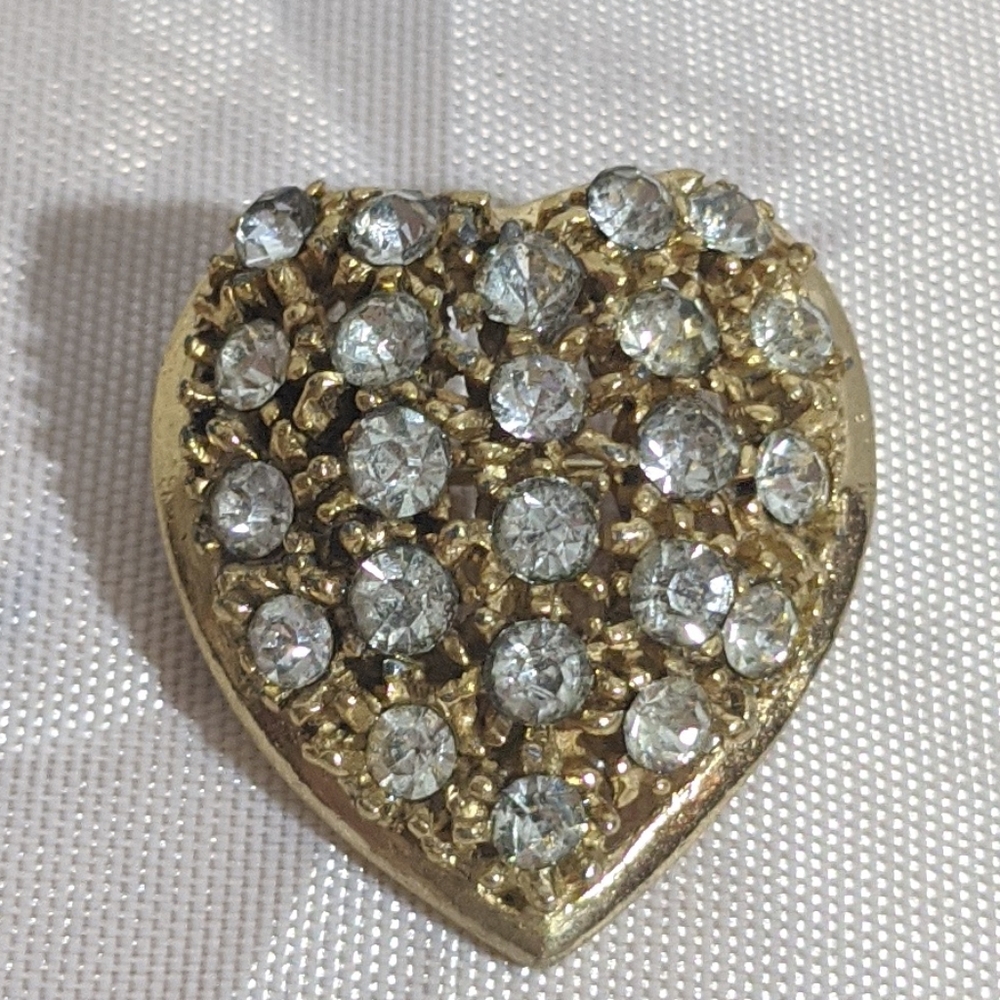 Vintage 40's Reinad Rhinestone Gold Heart Brooch